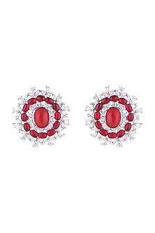 White Finish Stud Earrings With Red Stone