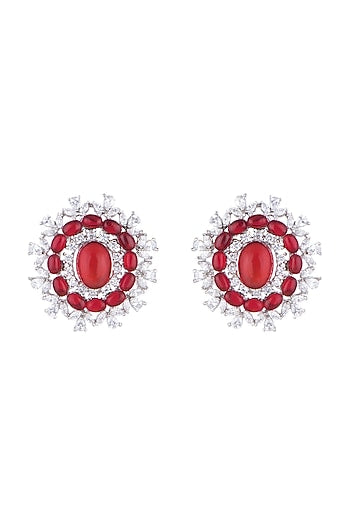 White Finish Stud Earrings With Red Stone