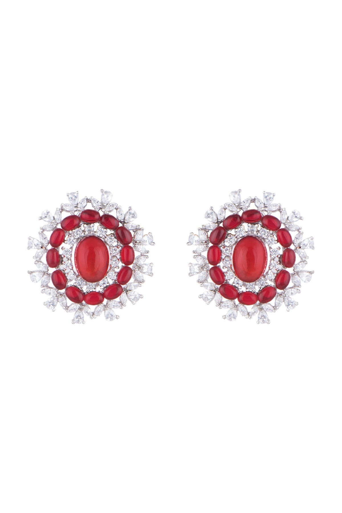 White Finish Stud Earrings With Red Stone