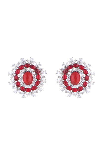 White Finish Stud Earrings With Red Stone