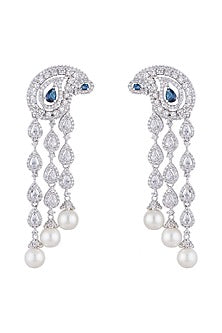White Finish Blue Stone Earrings With Faux Pearls
