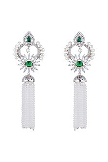White Finish Earrings With Green Stone