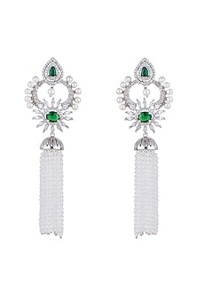 White Finish Earrings With Green Stone