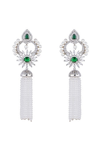 White Finish Earrings With Green Stone