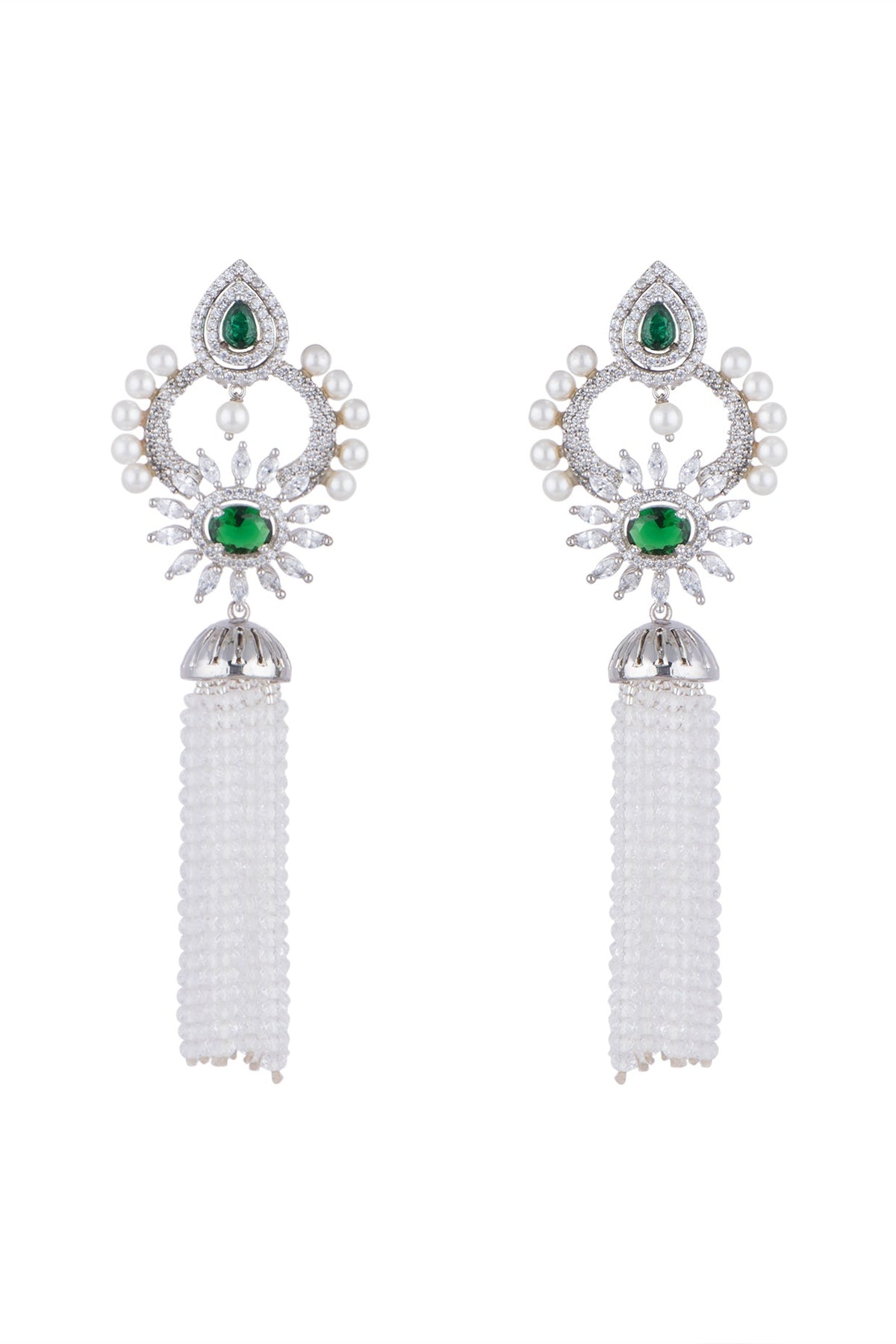 White Finish Earrings With Green Stone