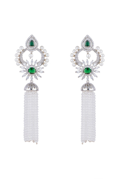 White Finish Earrings With Green Stone