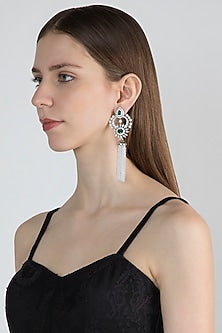 White Finish Earrings With Green Stone