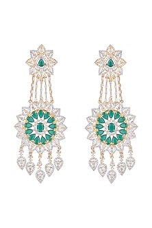 White Finish Green Stone Long Earrings