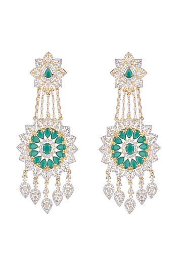 White Finish Green Stone Long Earrings