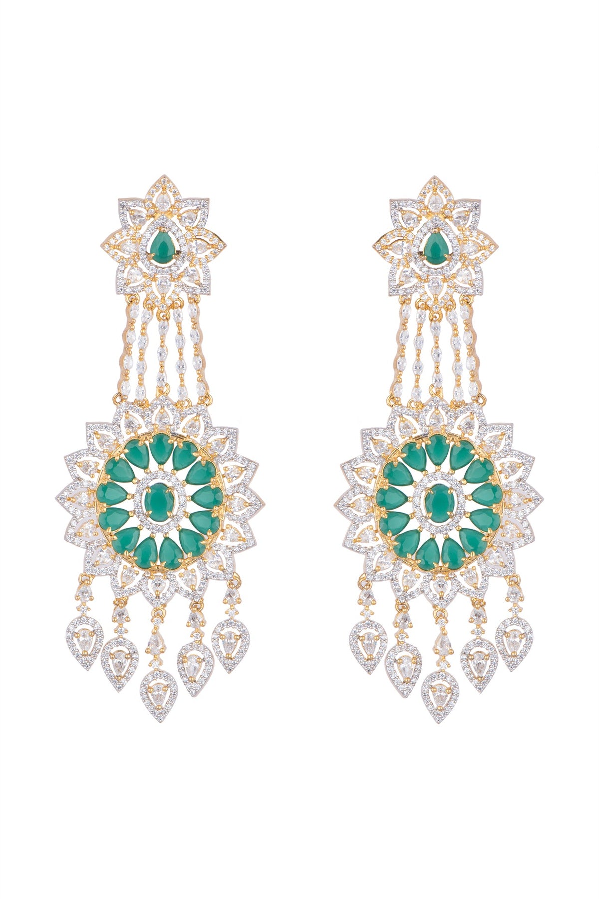 White Finish Green Stone Long Earrings