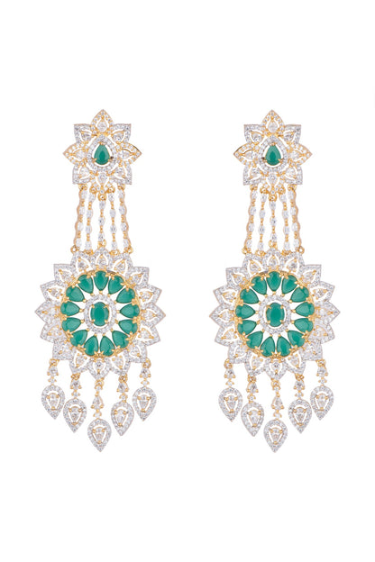 White Finish Green Stone Long Earrings