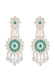 White Finish Green Stone Long Earrings