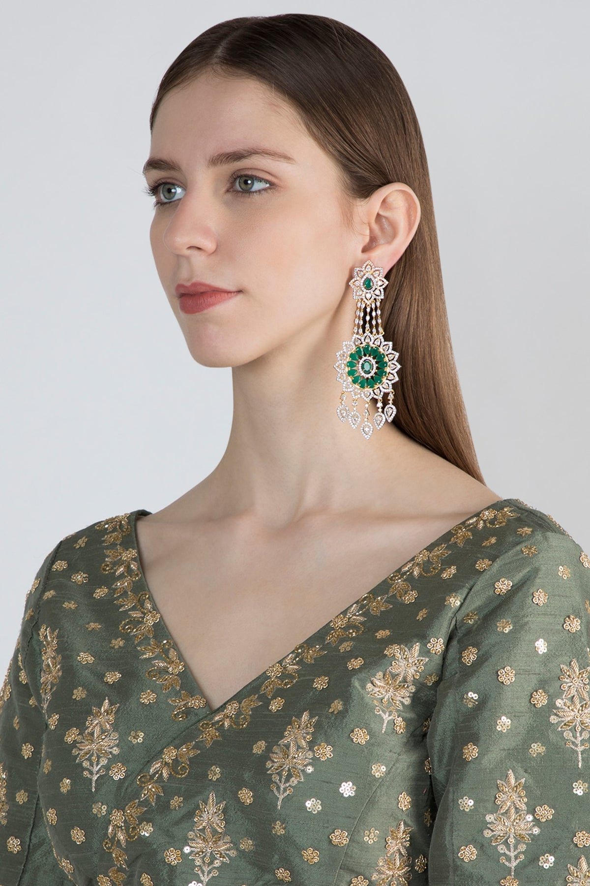 White Finish Green Stone Long Earrings