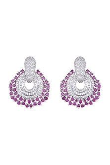 White Finish Earrings With Dark Pink Stones