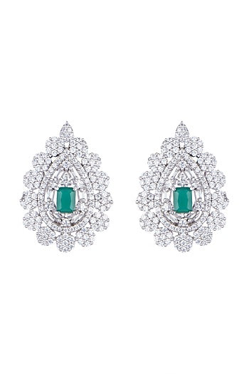 White Finish Earring Tops With Green Stones