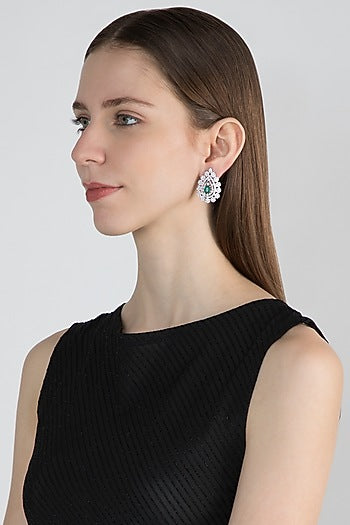 White Finish Earring Tops With Green Stones