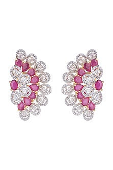 White Finish Earring Tops With Dark Pink Stones