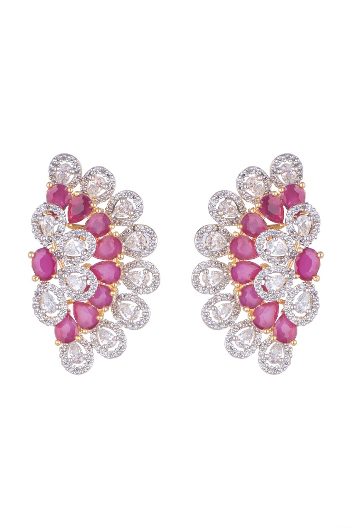 White Finish Earring Tops With Dark Pink Stones