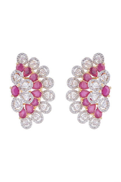White Finish Earring Tops With Dark Pink Stones