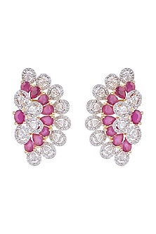 White Finish Earring Tops With Dark Pink Stones