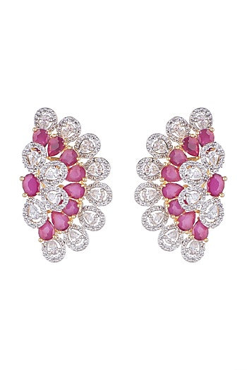 White Finish Earring Tops With Dark Pink Stones