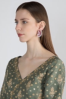 White Finish Earring Tops With Dark Pink Stones