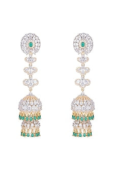 Gold Finish Long Jhumki Earrings With Green Stones
