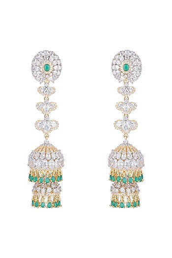 Gold Finish Long Jhumki Earrings With Green Stones