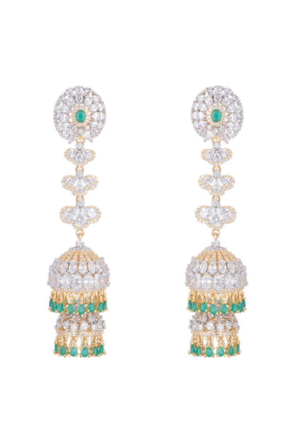 Gold Finish Long Jhumki Earrings With Green Stones