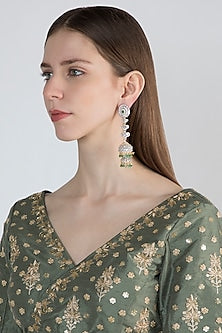 Gold Finish Long Jhumki Earrings With Green Stones