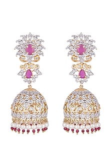 Gold Finish Jhumki Earrings With Dark Pink Stones