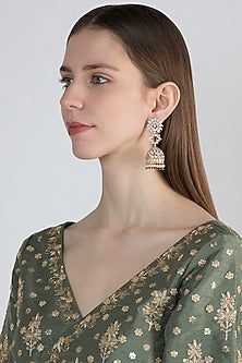 Gold Finish Jhumki Earrings With Dark Pink Stones