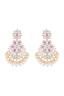 Gold Finish Kundan Earrings With Dark Pink Stones