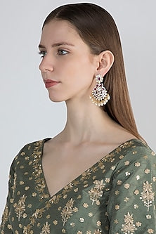 Gold Finish Kundan Earrings With Dark Pink Stones