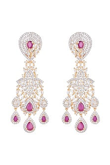 Gold Finish Earrings With Dark Pink Stones