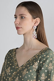 Gold Finish Earrings With Dark Pink Stones