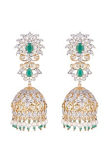Gold Finish Jhumki Earrings With Green Stones