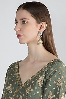 Gold Finish Jhumki Earrings With Green Stones