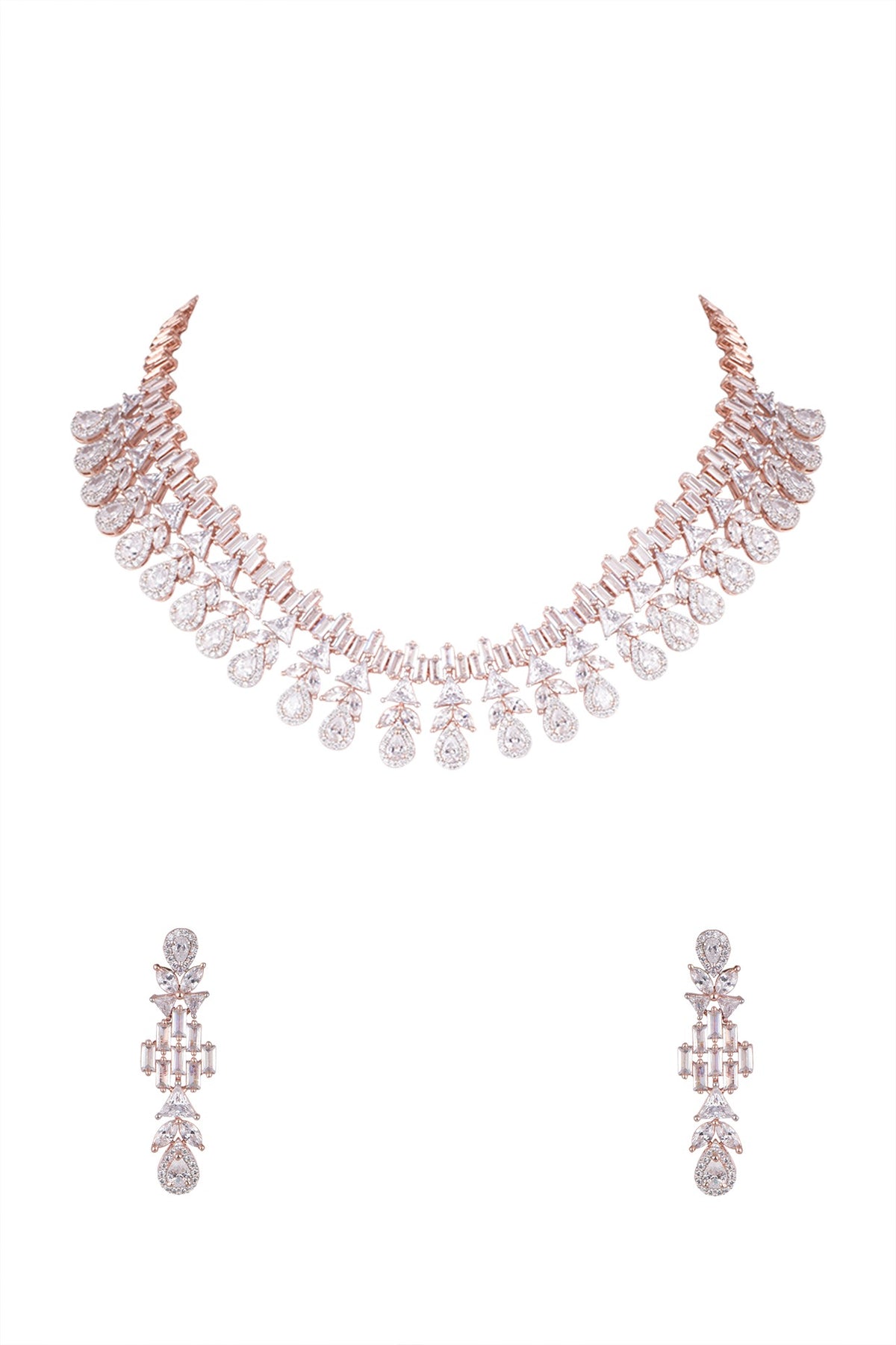 Rose Gold Finish Necklace Set With Faux Diamonds