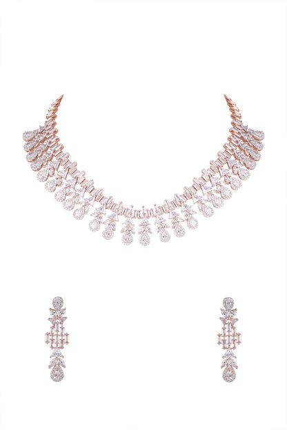 Rose Gold Finish Necklace Set With Faux Diamonds