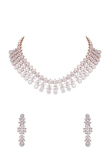 Rose Gold Finish Necklace Set With Faux Diamonds