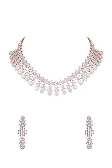 Rose Gold Finish Necklace Set With Faux Diamonds