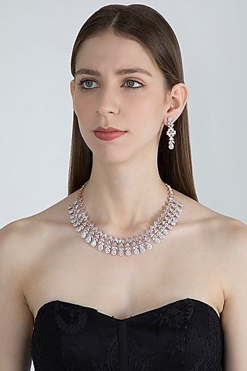 Rose Gold Finish Necklace Set With Faux Diamonds