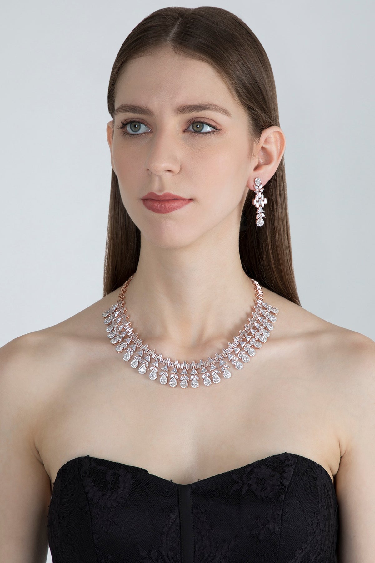 Rose Gold Finish Necklace Set With Faux Diamonds