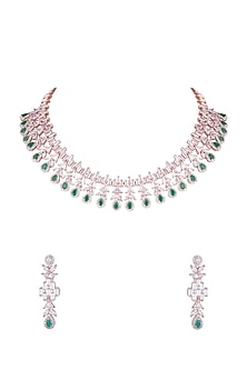 Rose Gold Finish Faux Diamonds & Green Stones Necklace Set