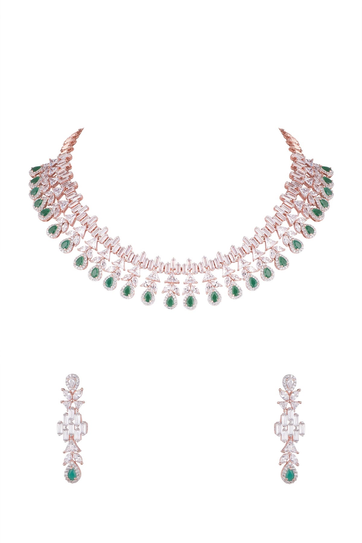 Rose Gold Finish Faux Diamonds & Green Stones Necklace Set