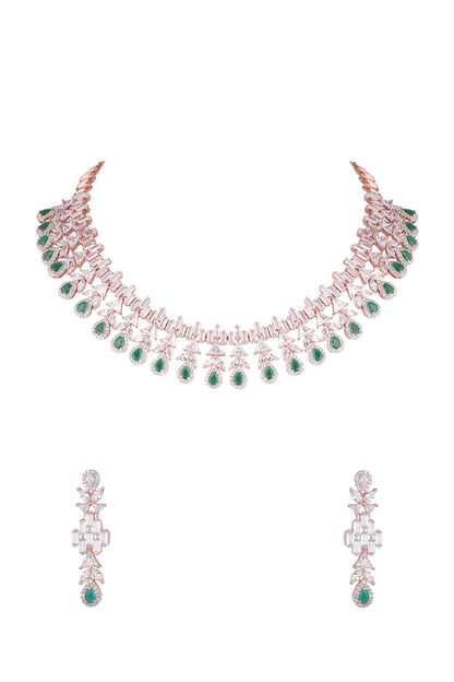 Rose Gold Finish Faux Diamonds & Green Stones Necklace Set