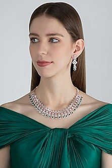 Rose Gold Finish Faux Diamonds & Green Stones Necklace Set