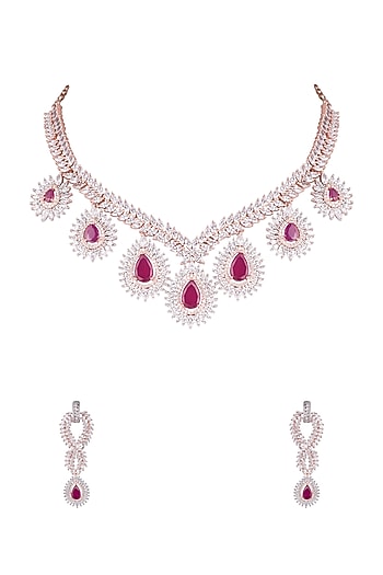 Rose Gold Finish Red Stones & Faux Diamonds Necklace Set