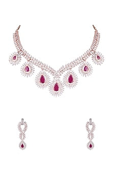 Rose Gold Finish Red Stones & Faux Diamonds Necklace Set